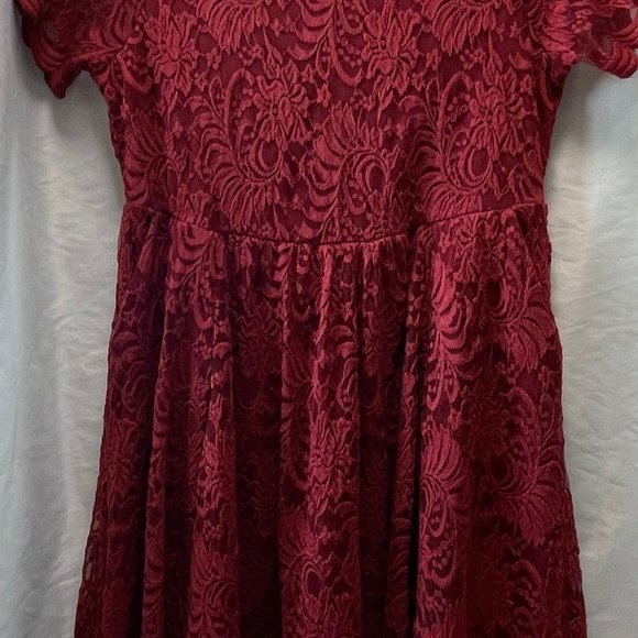 Torrid Mini Lace Ruffle Dress With Pockets color: Burgundy - Picture 2 of 8